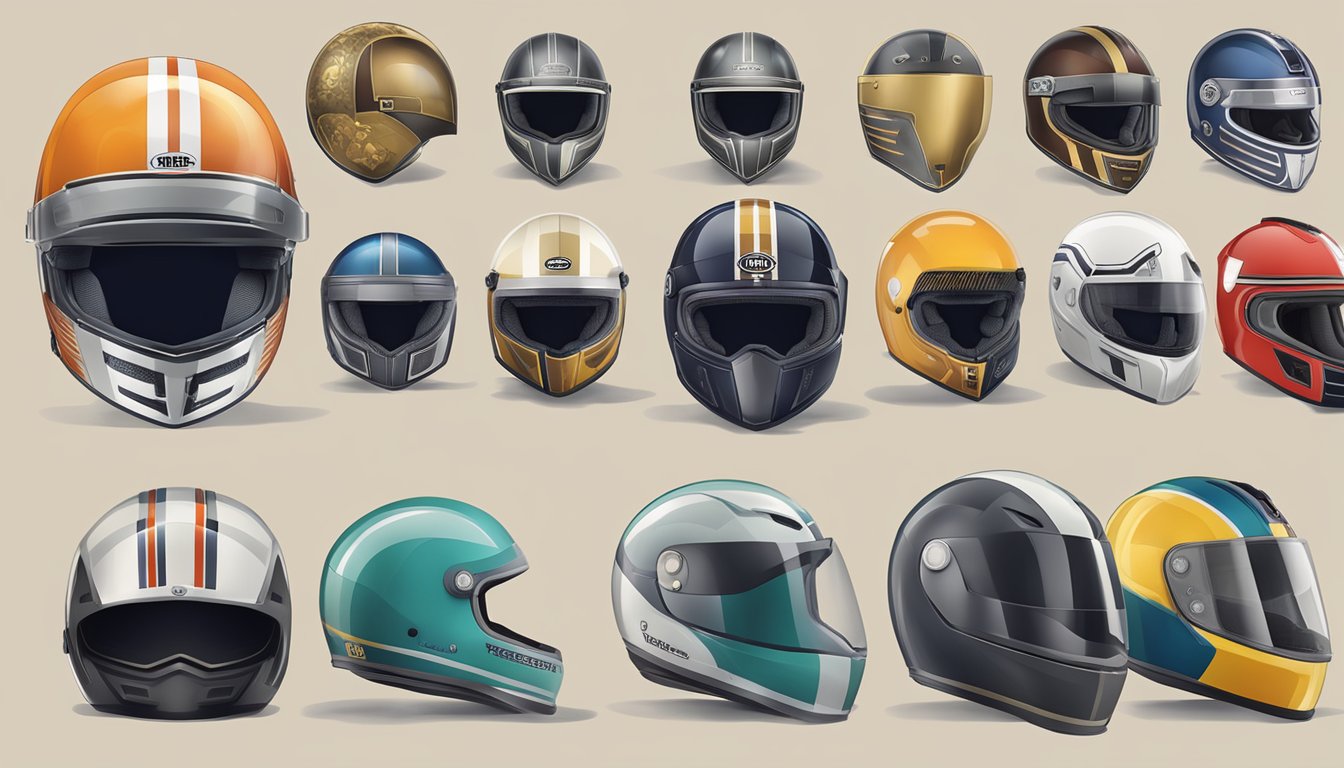 A display of helmet brands through time, from ancient to modern, showcasing the evolution of design and technology