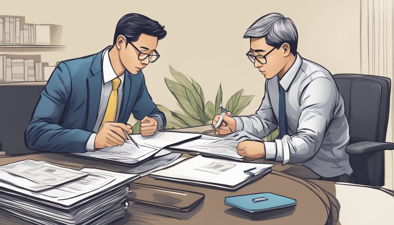 A money lender and a debtor negotiate terms, sign paperwork, and exchange money during the debt restructuring process in Singapore
