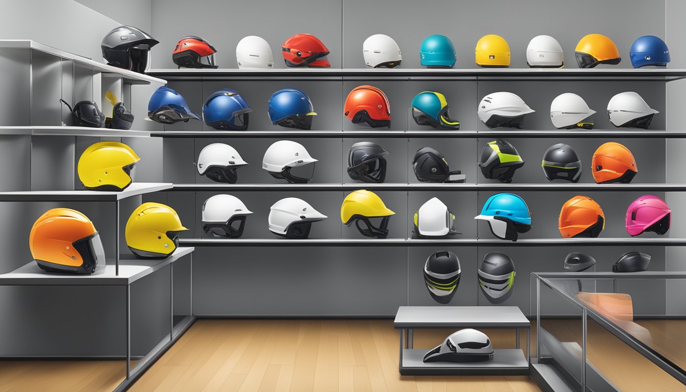 A display of safety and certification helmet brands arranged on a shelf in a well-lit store