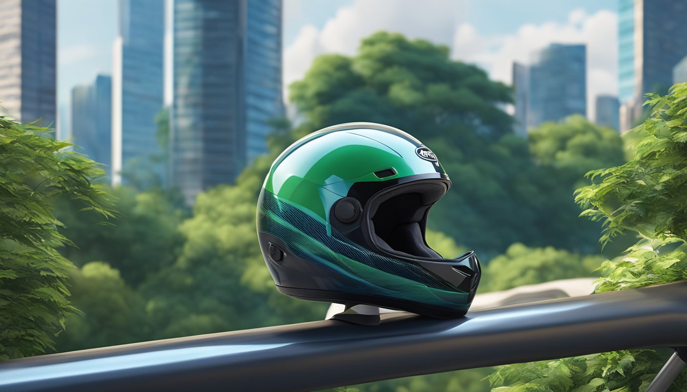 A sleek helmet sits on a modern bike seat, surrounded by a backdrop of urban cityscape and lush greenery