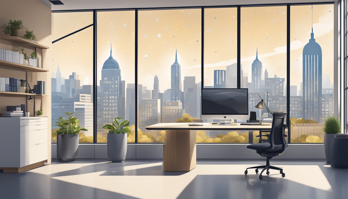 A modern office setting with the Constellation Brands logo prominently displayed on a sleek, minimalist desk. The room is bright and airy, with large windows and a view of the city skyline