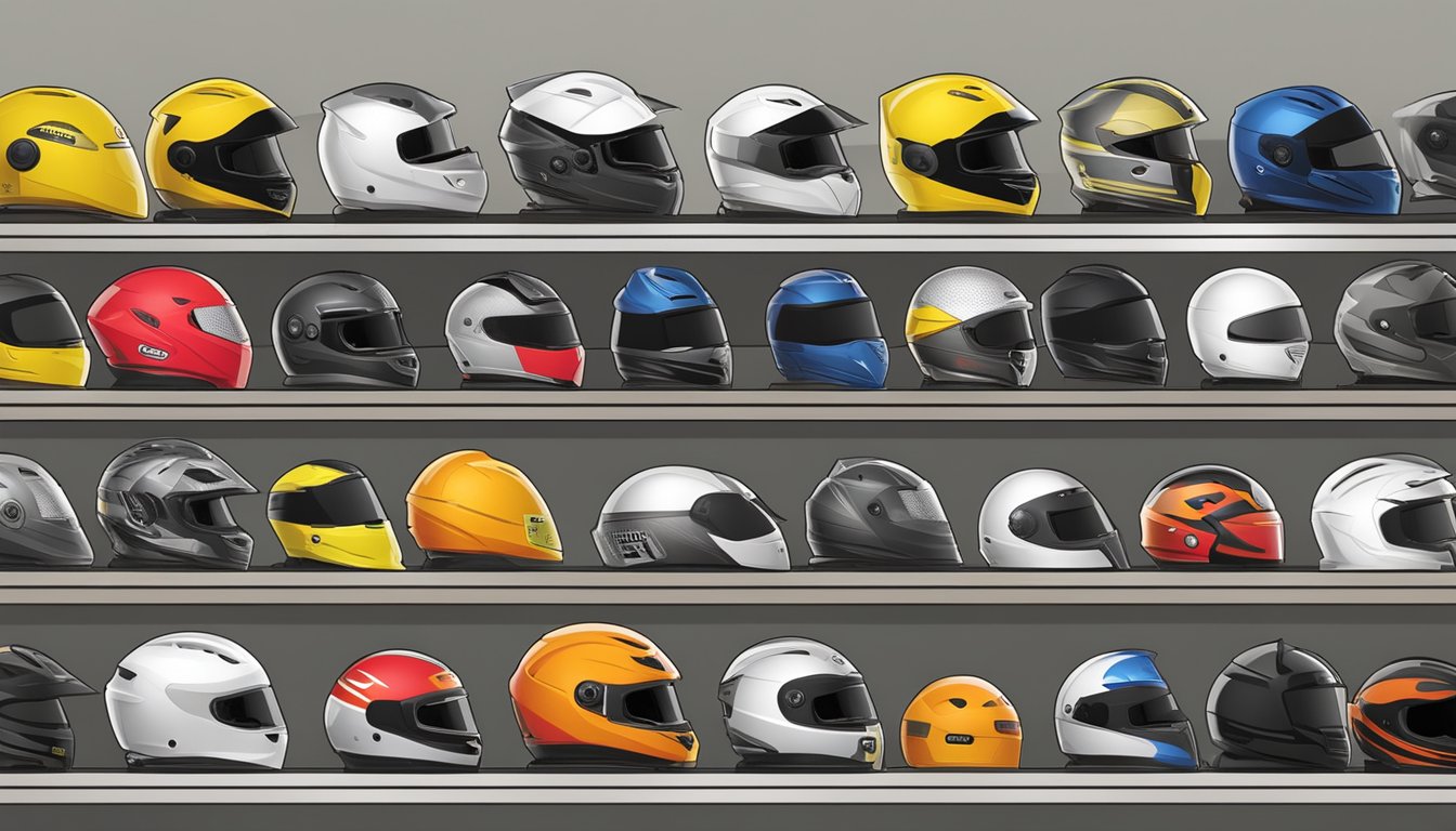 Various helmet types displayed on a shelf with labels showing their uses and brands