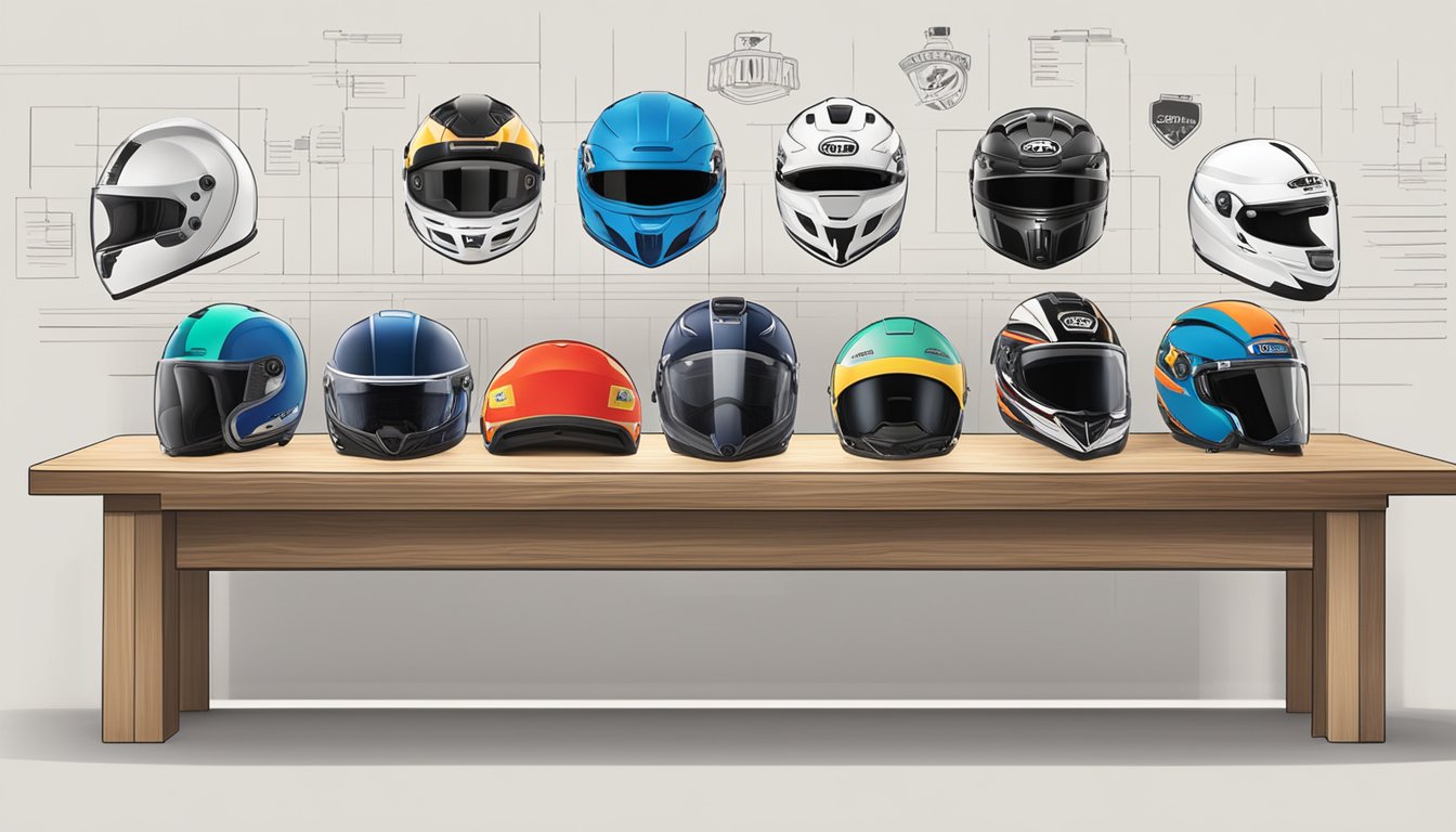 A table with various helmet brands displayed, charts showing market trends, and logos of popular brands