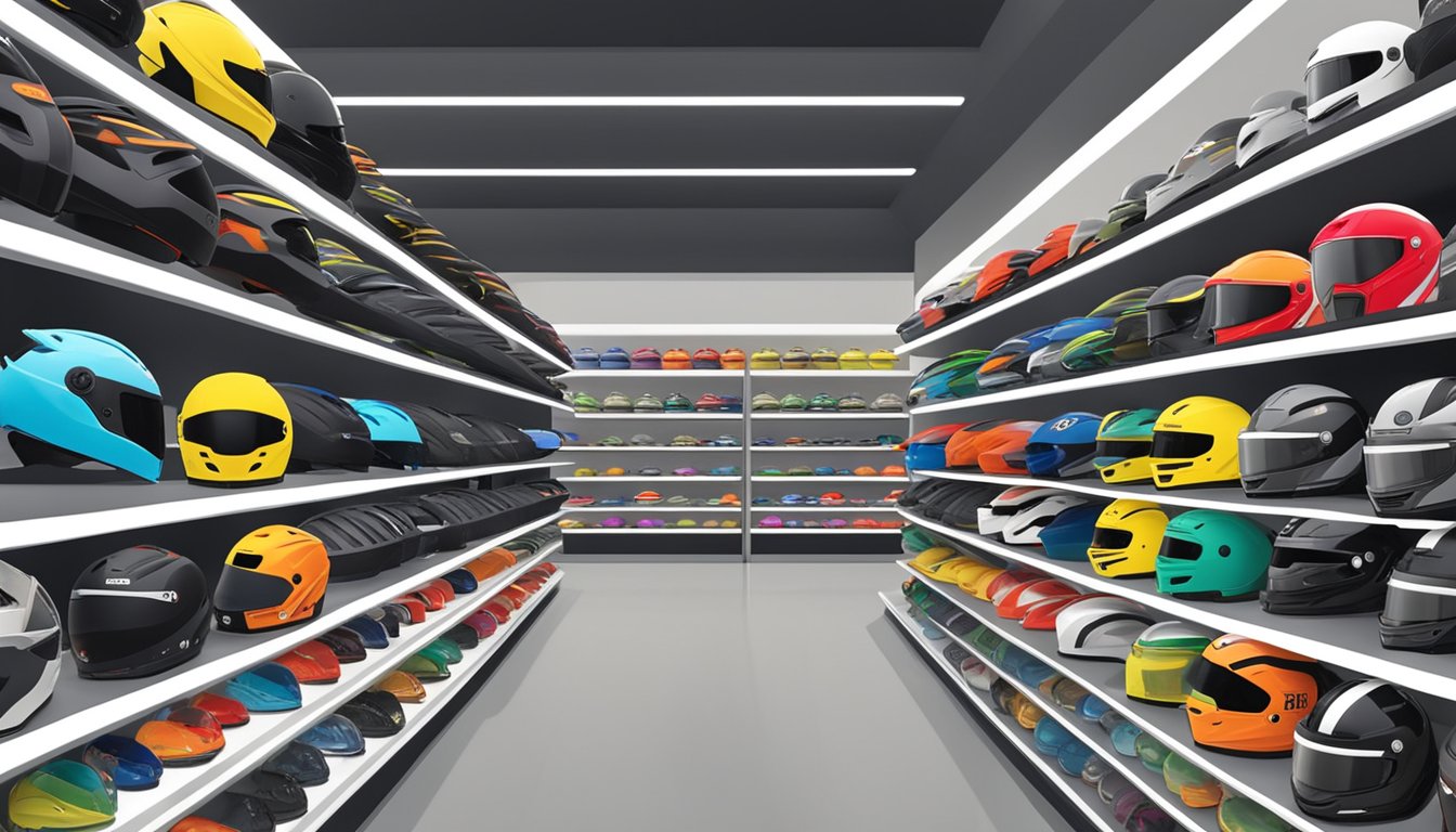 A customer selects from a variety of helmet brands displayed on shelves in a well-lit store