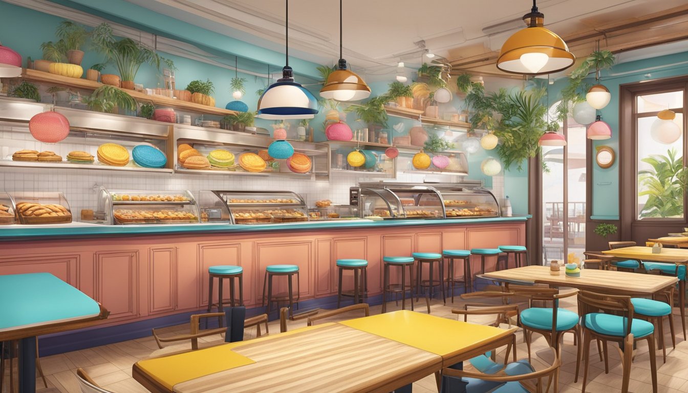 The vibrant Sinpopo Brand Funan exudes a lively ambience with its retro decor and friendly service. Tables are set with colorful tableware, while the aroma of freshly baked pastries fills the air