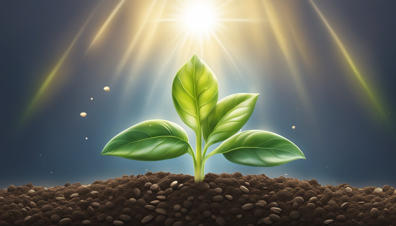 A bright light shines down on a sprouting seed, surrounded by fertile soil and fresh water, symbolizing the birth of FR2 fr2 brand