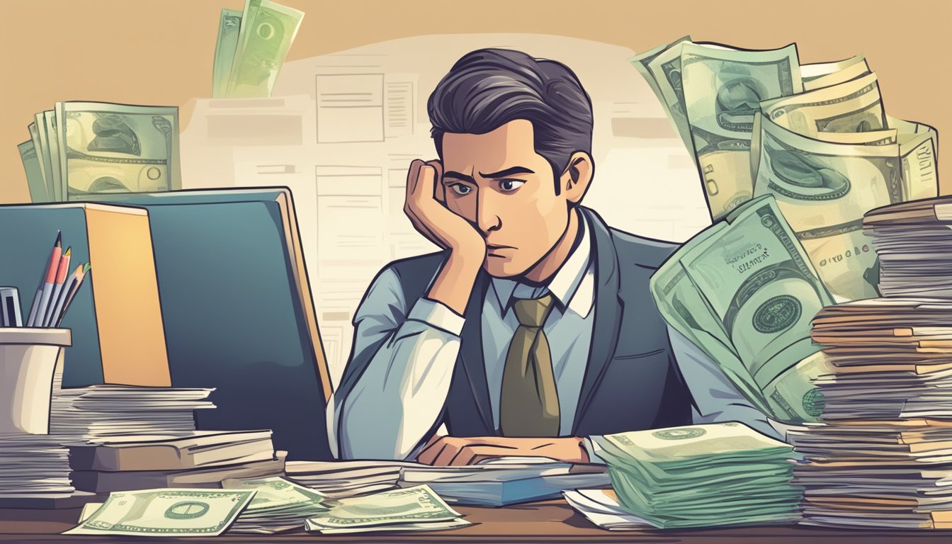 A person sitting at a desk, surrounded by paperwork and a calculator, with a concerned expression on their face. A money lender is shown offering assistance in settling the debt