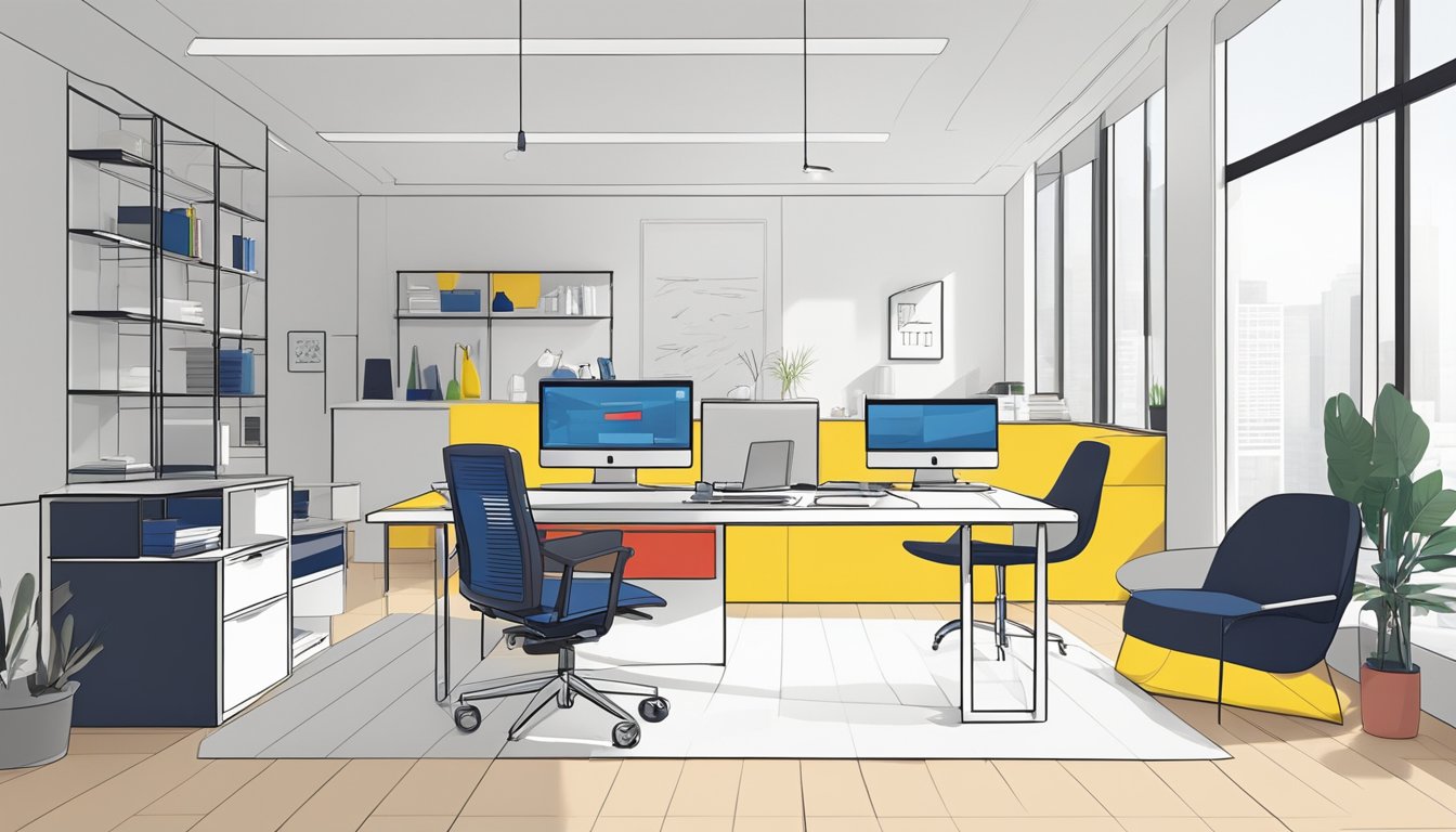A clean, minimalist workspace with modern furniture and sleek technology. The color palette is monochromatic with pops of bold, primary colors. The space exudes a sense of sophistication and innovation