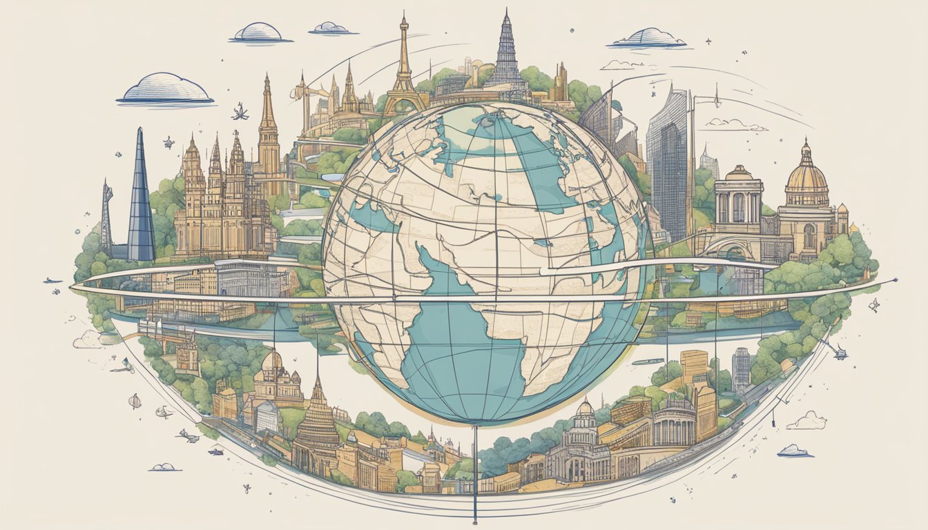 A globe surrounded by various international landmarks, with lines connecting them to symbolize the global reach and impact of Constellation Brands