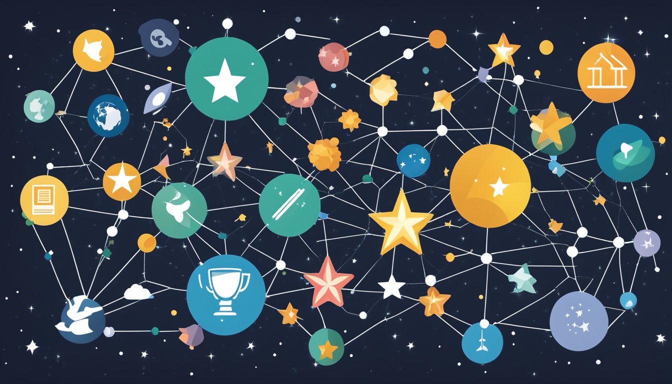 A network of interconnected icons representing sustainability and social responsibility, surrounded by a constellation of stars