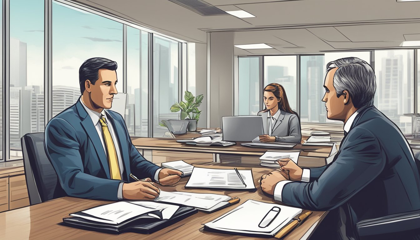 A money lender and a debtor negotiating terms for debt restructuring in a professional office setting. The lender is offering guidance and advice while the debtor listens attentively