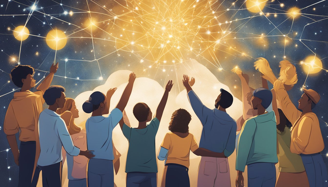 A group of people gather around a constellation of interconnected stars, reaching out and engaging with each other. The stars shine brightly, symbolizing the outreach and connection of the constellation brands