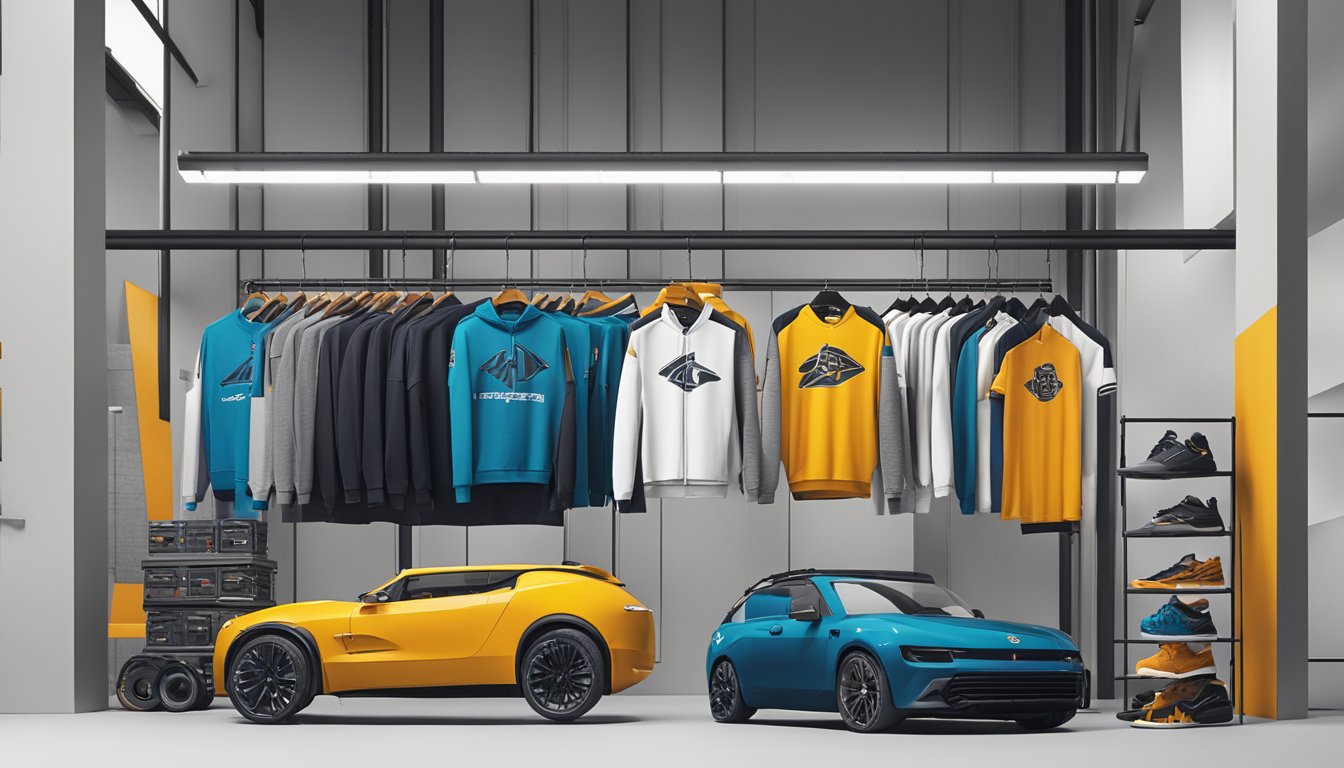A display of FR2's apparel and product range, featuring bold graphics and edgy designs, arranged against a stark, industrial backdrop