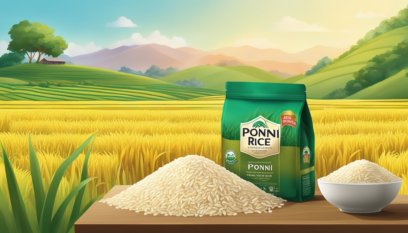 A bag of house brand Ponni rice sits on a kitchen counter, with grains spilling out onto the surface. The packaging is bright and colorful, featuring images of lush rice fields