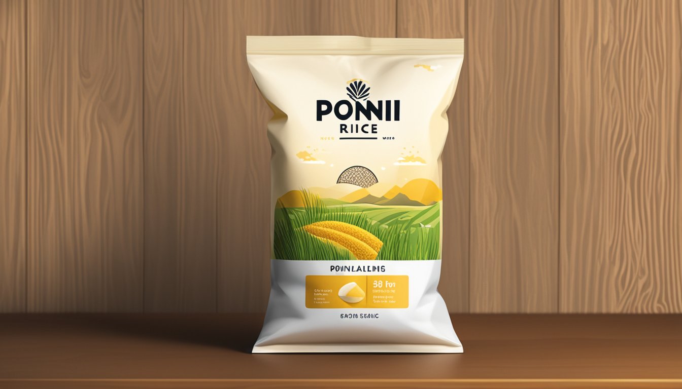 A bag of Ponni Rice sits on a wooden shelf, with the brand logo prominently displayed. Light shines on the packaging, highlighting the grains inside