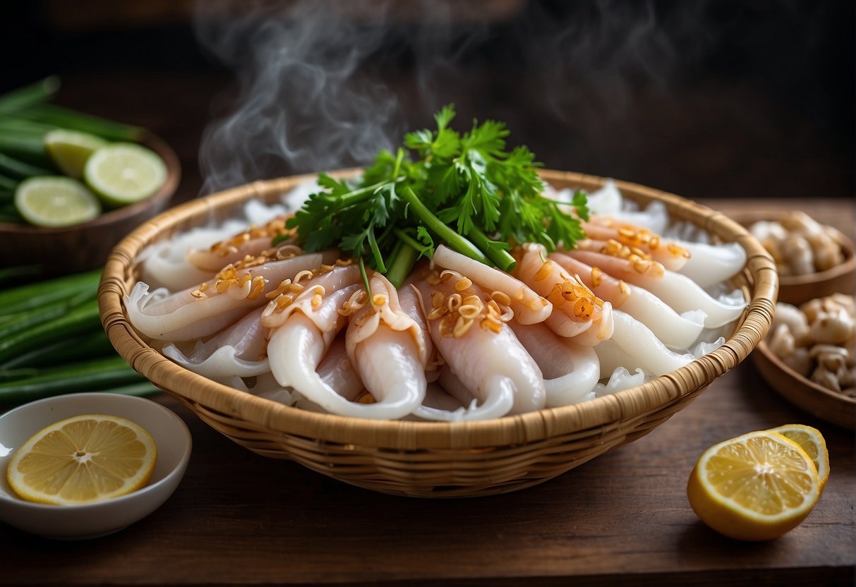 A steaming bamboo basket filled with fresh whole squid, surrounded by aromatic ginger, garlic, and green onions