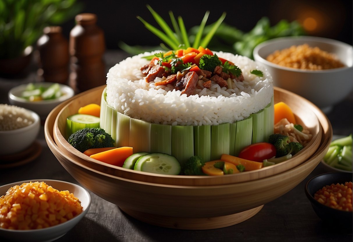 A bamboo steamer filled with steaming Chinese sticky rice, topped with savory meats and vegetables, surrounded by traditional condiments and garnishes