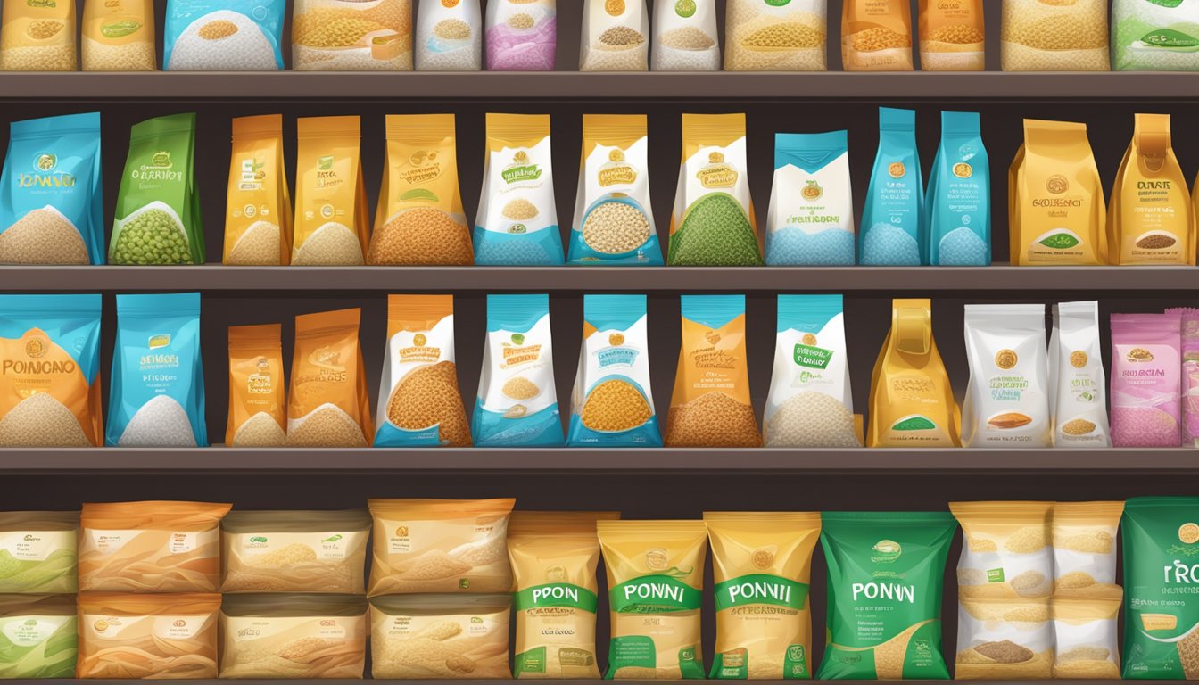 A variety of ponni rice packages arranged on shelves with different packaging options displayed