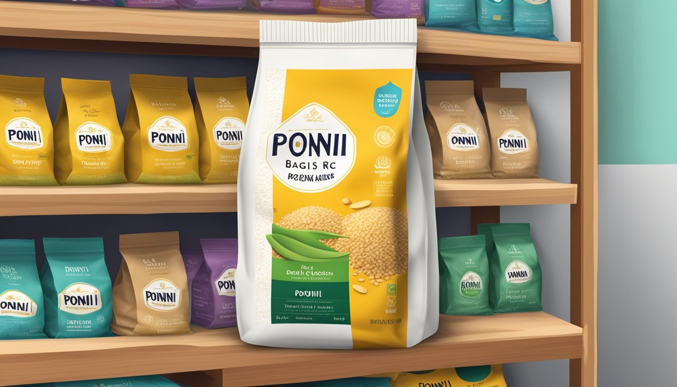 A bag of house brand ponni rice sits on a shelf, labeled with pricing and value for money