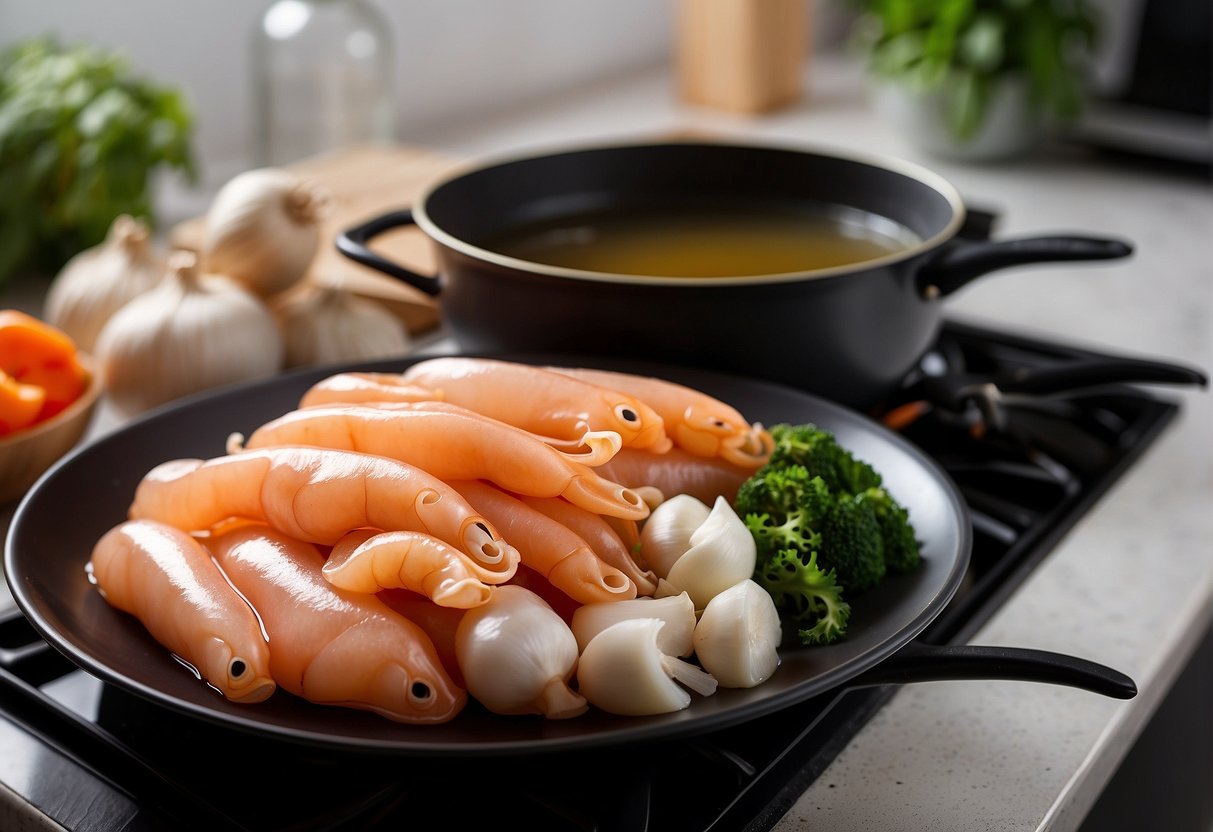 Fresh squid, ginger, garlic, soy sauce, and sesame oil laid out on a clean kitchen counter. A steamer pot bubbling on the stove