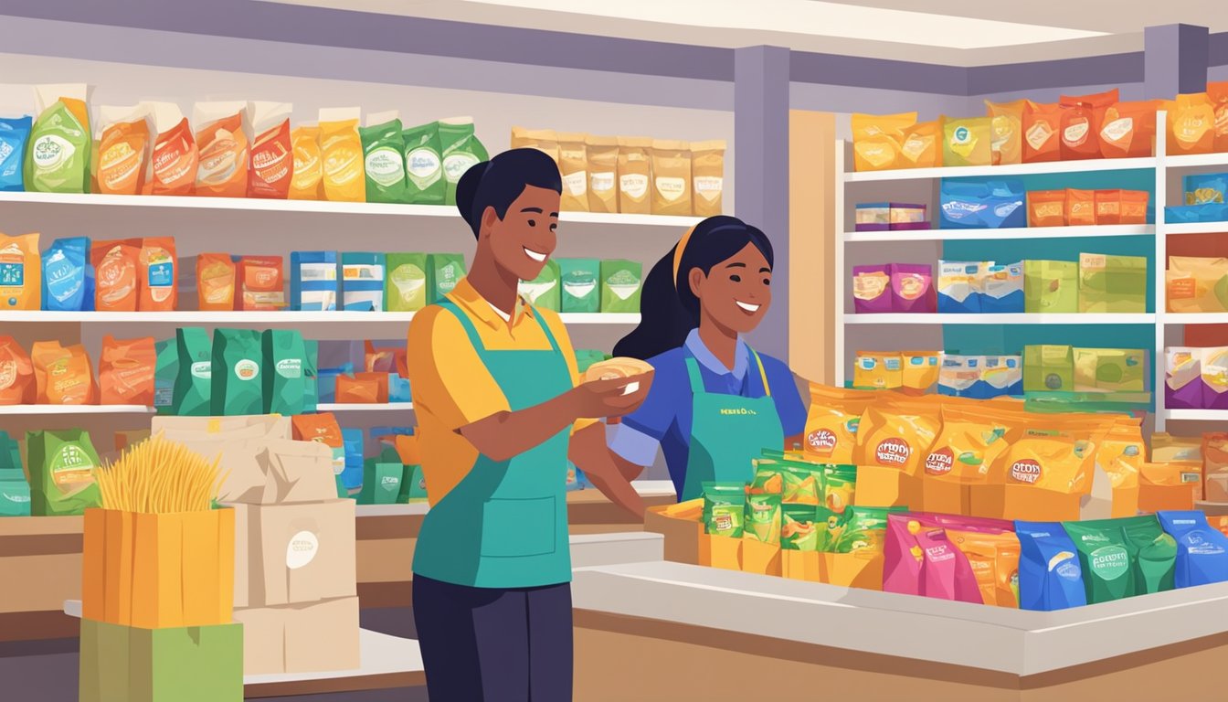 A smiling customer receives a bag of House Brand Ponni Rice from a helpful store employee. The packaging is bright and colorful, with the words "Customer Experience and Service" prominently displayed