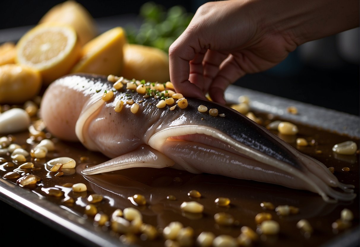 A whole squid being cleaned and scored before being steamed with ginger, garlic, and soy sauce