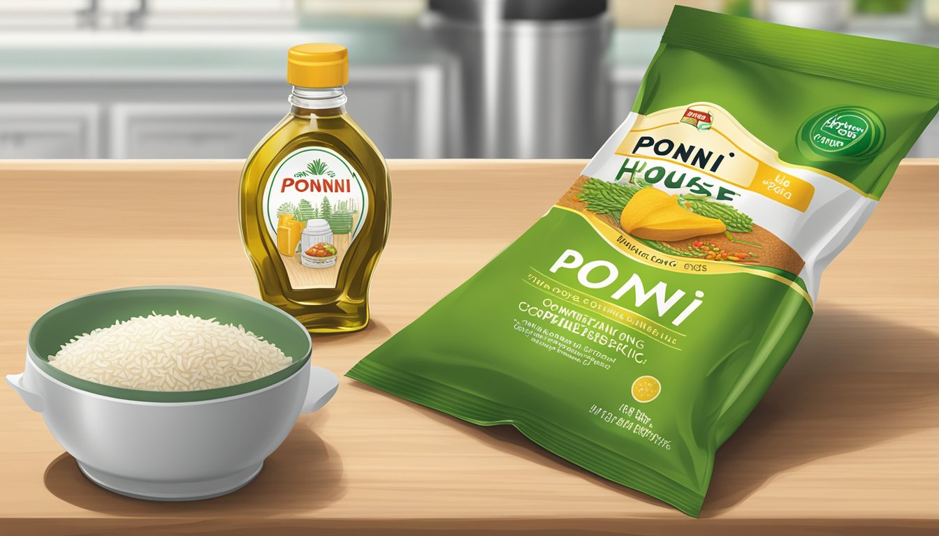 A bag of House Brand ponni rice sits next to a bottle of complementary cooking oil and a packet of spices on a kitchen counter