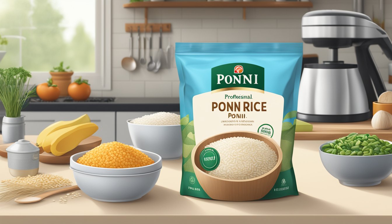 A bag of House Brand Ponni Rice sits on a clean, well-lit kitchen counter, surrounded by other cooking ingredients and utensils