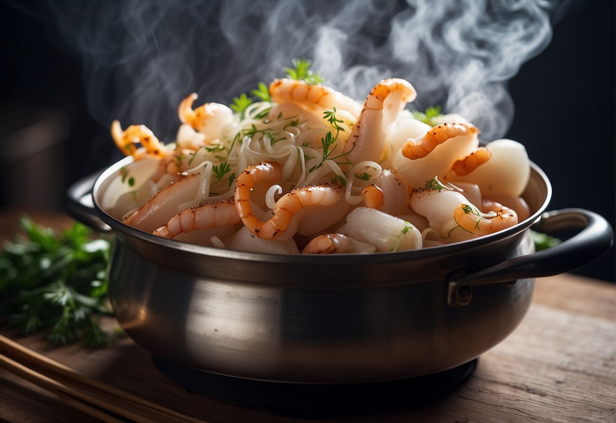 Squid placed in a steamer, surrounded by ginger and garlic, steam rising