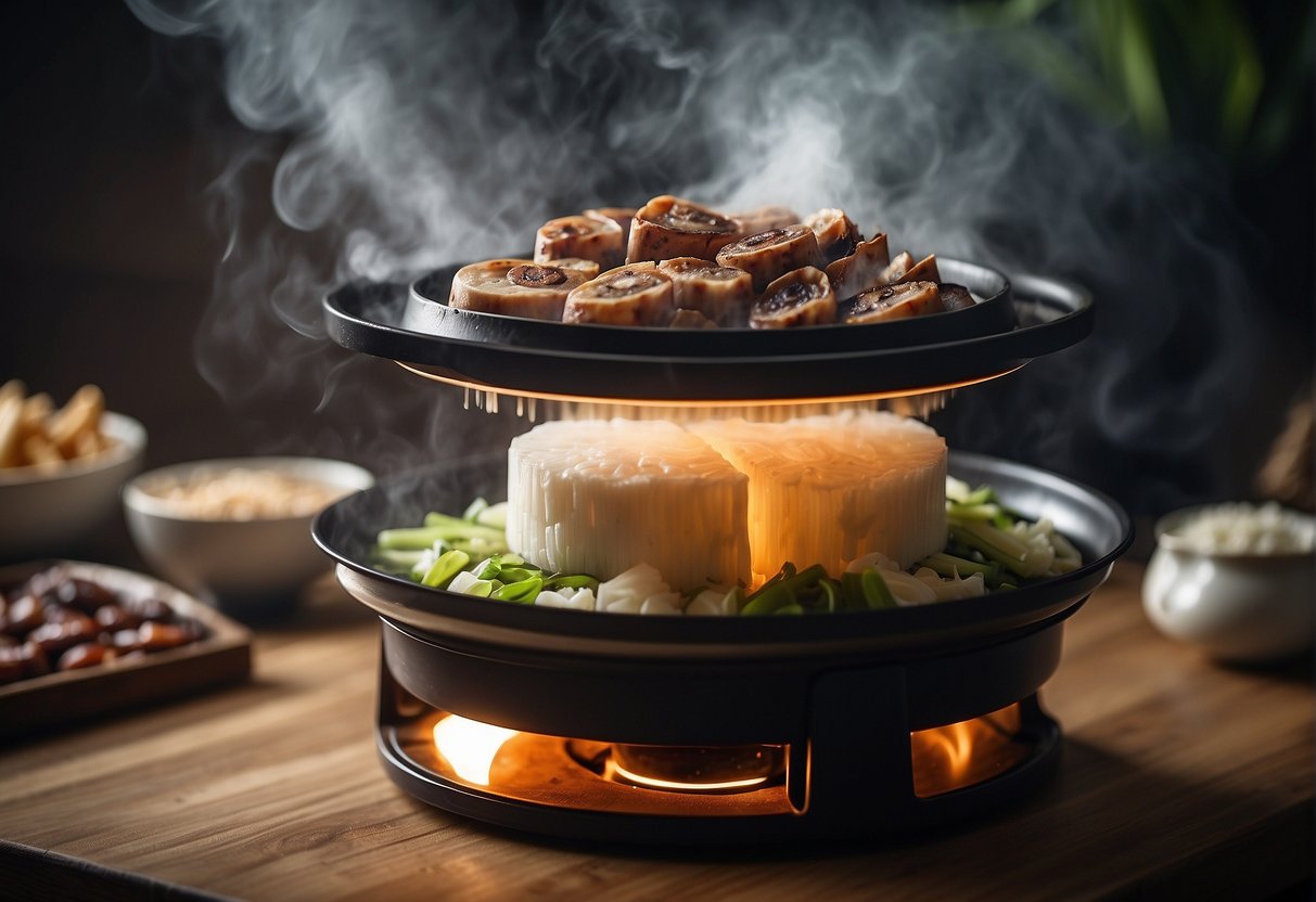 A bamboo steamer sits on a stove, filled with layers of sticky rice, Chinese sausage, and shiitake mushrooms, emitting steam