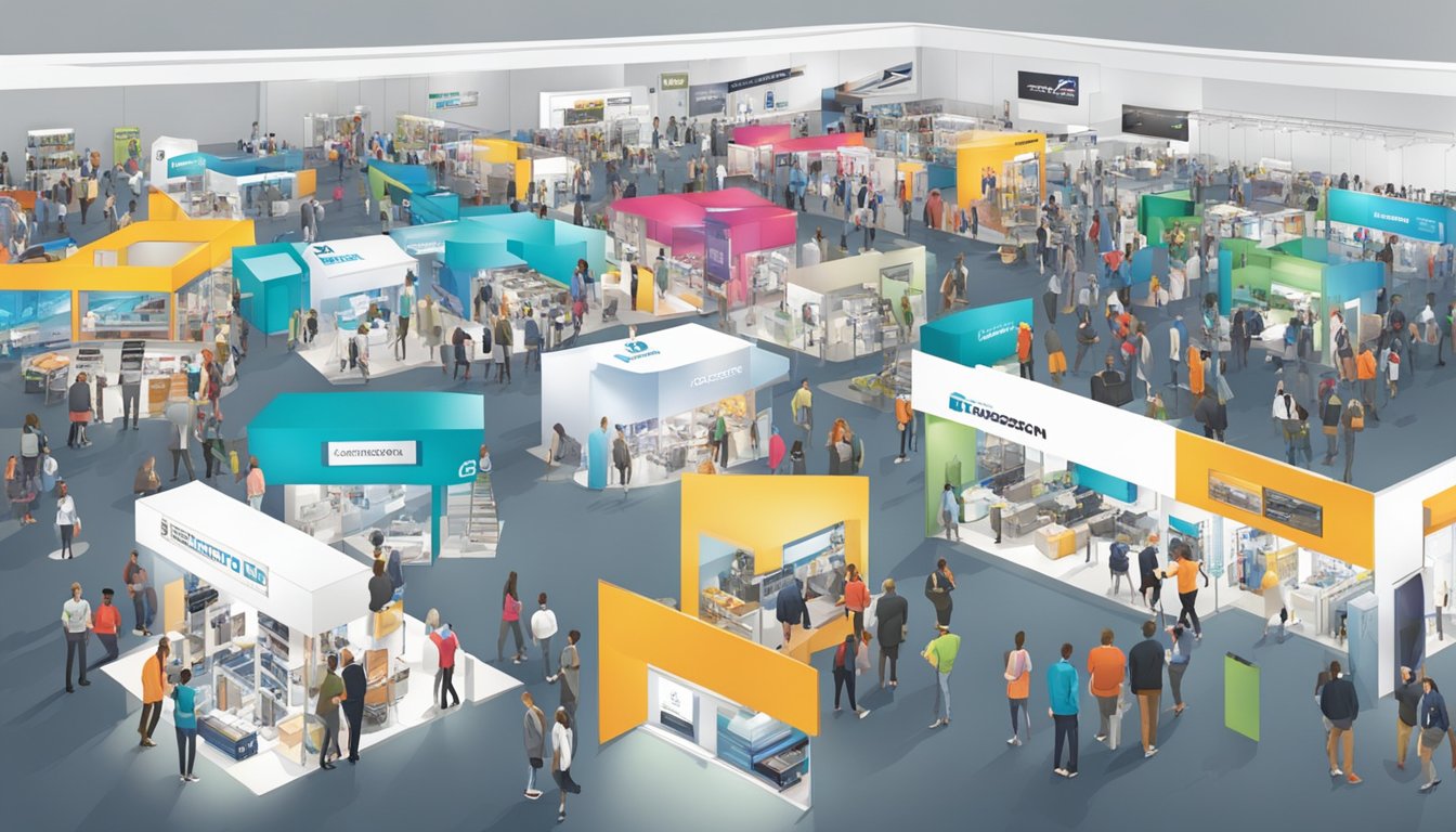 A bustling trade show floor with various sportswear brands showcasing their latest innovations in materials, designs, and technology