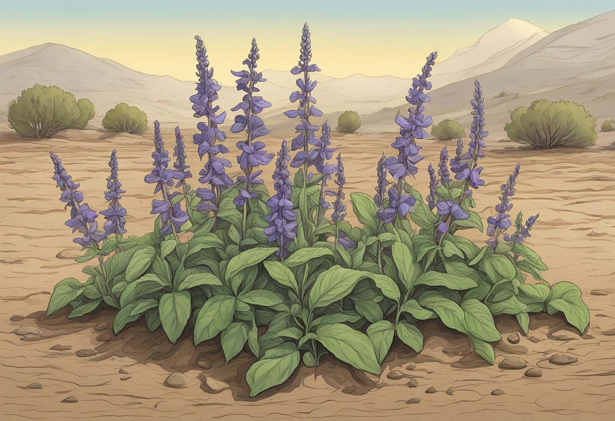 A wilted salvia plant lies on dry soil, surrounded by other dead salvias
