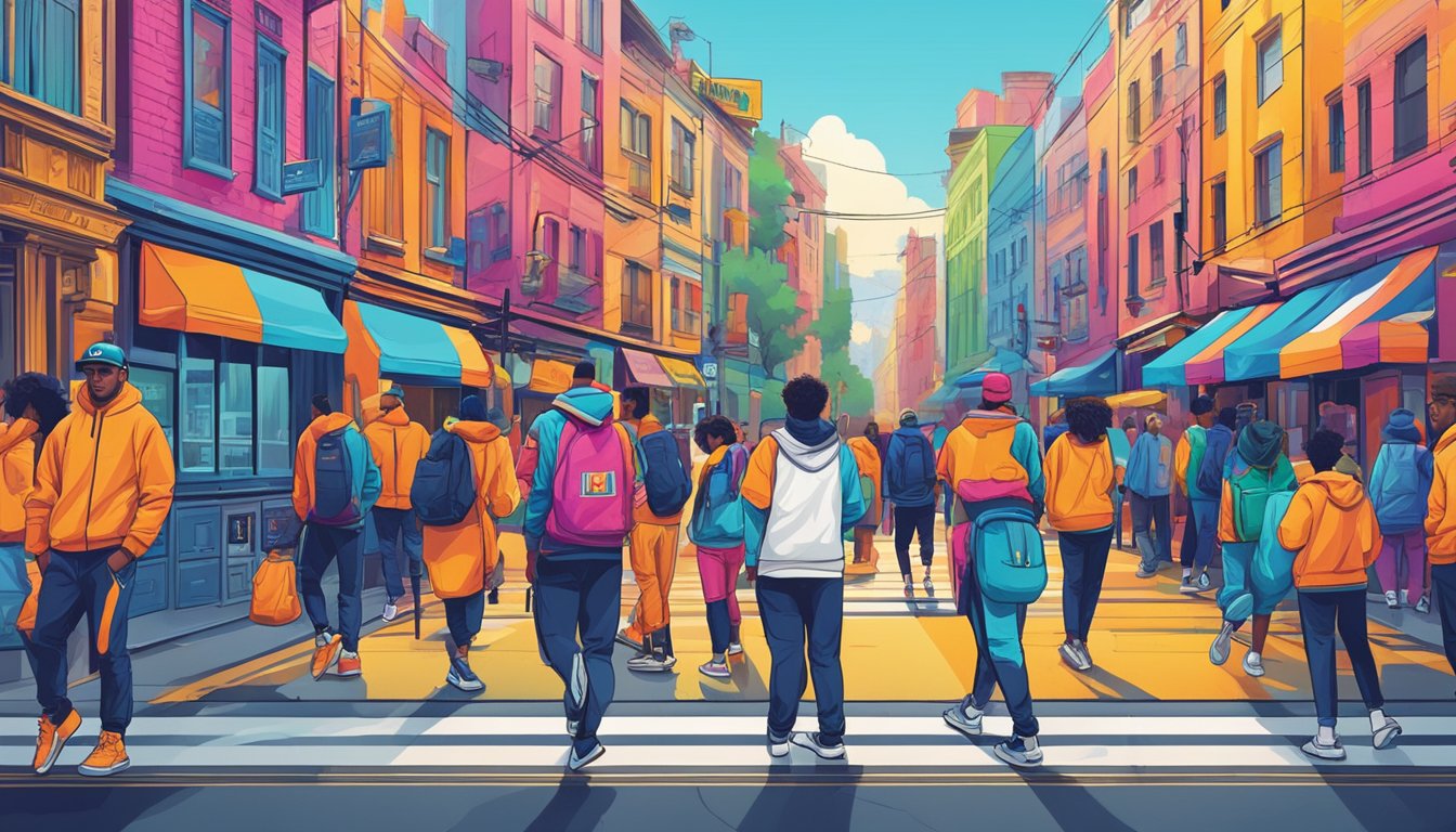 A vibrant street scene with people wearing iconic sportswear brands. Bold logos and bright colors stand out against the urban backdrop