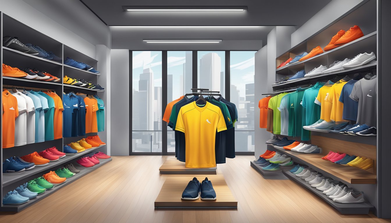 A display of popular sportswear brands in a retail setting, featuring stylish and functional athletic apparel and footwear