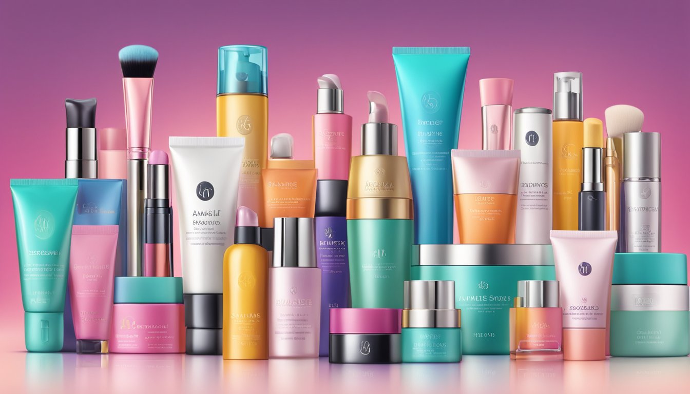 Various cosmetic brands arranged on a sleek, modern display. Bright, vibrant colors and elegant packaging catch the eye