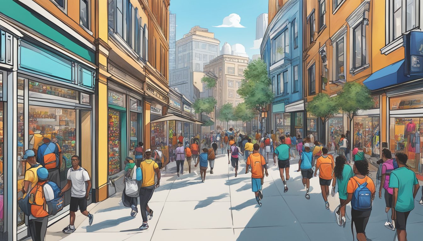 A bustling city street lined with sportswear stores, each adorned with vibrant logos and large window displays showcasing the latest athletic apparel and footwear