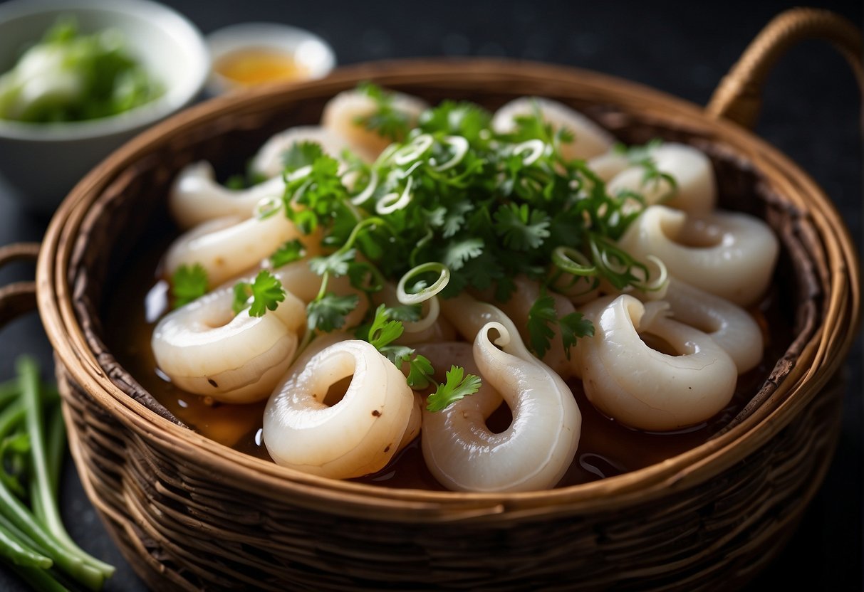 Sliced squid arranged in a steaming basket, topped with ginger, green onions, and soy sauce. Garnished with cilantro and chili peppers