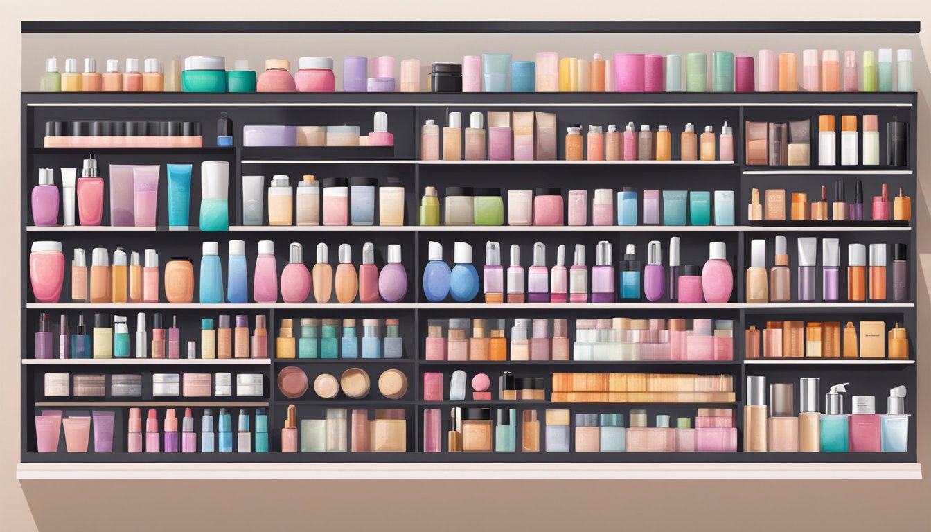 Various cosmetic products displayed on shelves, representing diverse brands and high quality