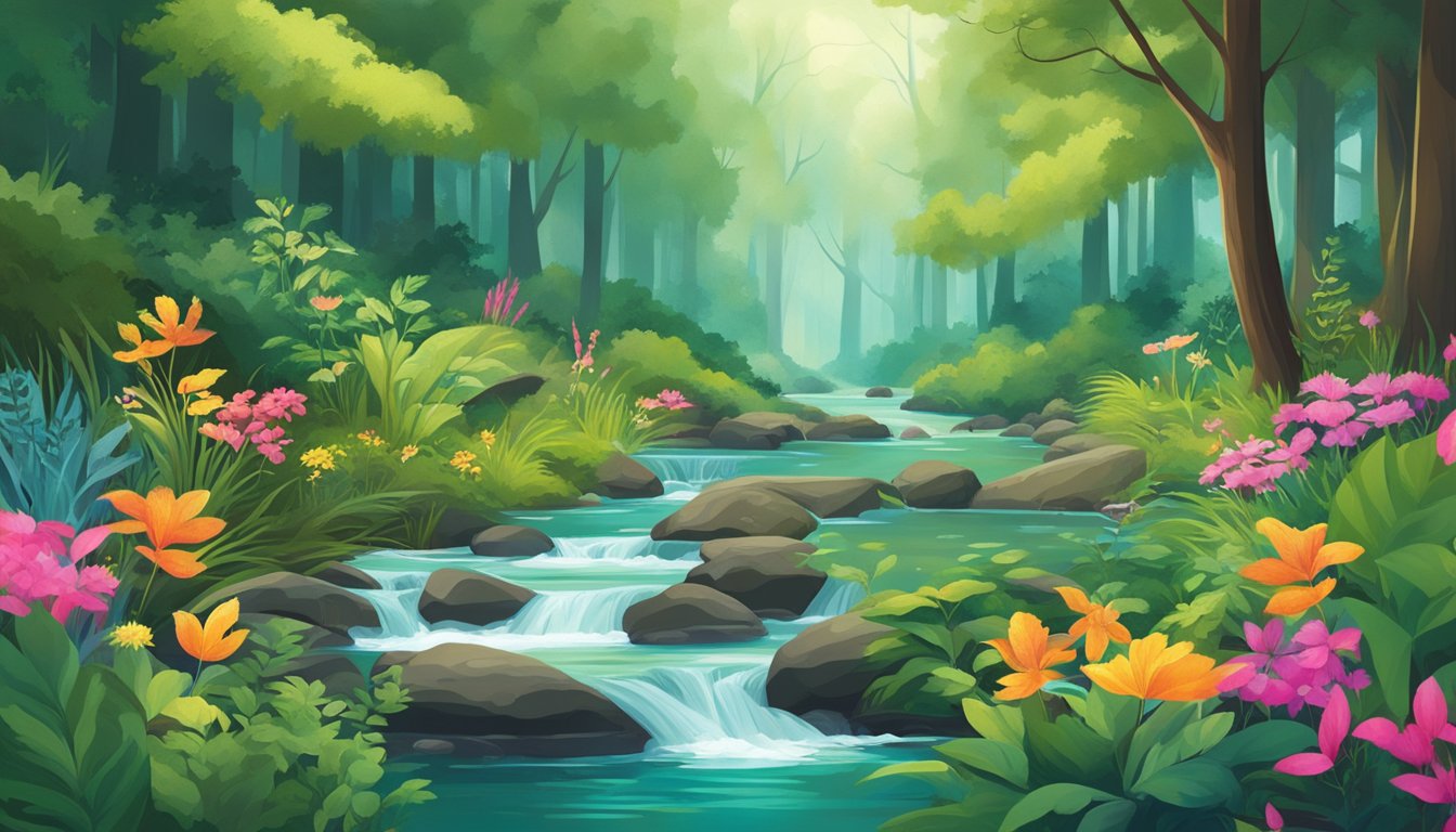 A lush, vibrant forest backdrop with a clear, flowing stream. Various flora and fauna are depicted, showcasing the beauty of nature and the cruelty-free ethos of the cosmetic brands