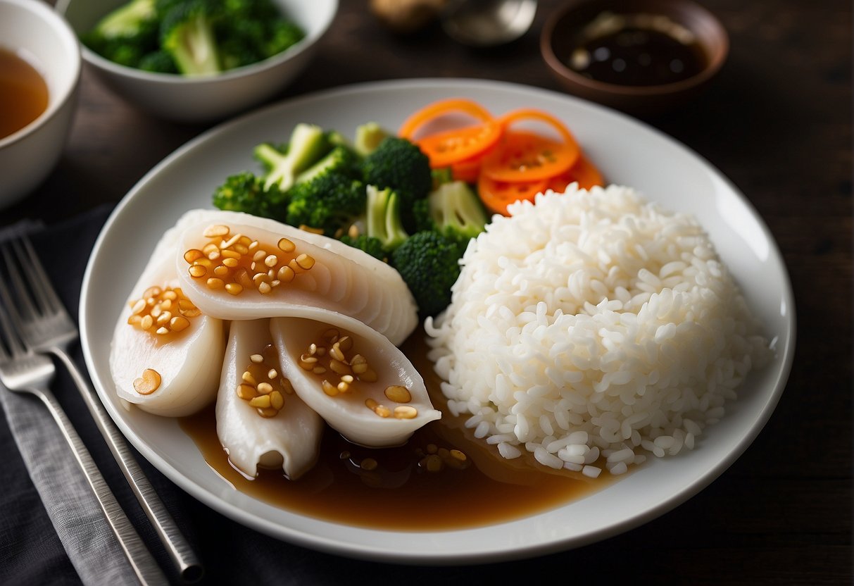 A plate of steamed squid with ginger, garlic, and soy sauce. Accompanied by a side of steamed vegetables and a bowl of white rice