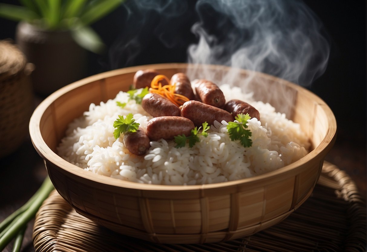 A steaming bamboo basket filled with sticky rice, Chinese sausages, and mushrooms, emitting a fragrant aroma