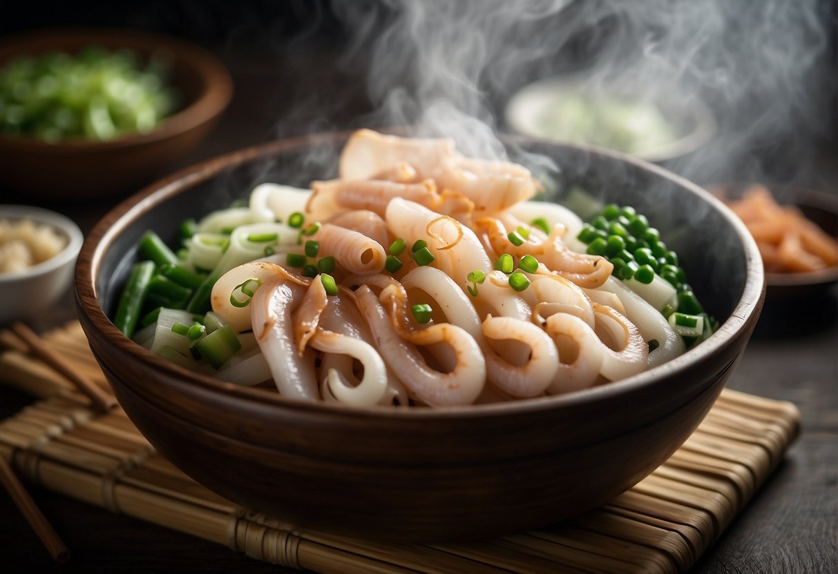 Sliced squid, ginger, and green onions steaming in a bamboo steamer. Steam rising, fragrant aroma