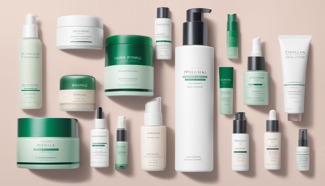 Various skincare products arranged neatly on a clean, minimalist display. Labels prominently feature "Targeted Solutions for Every Skin Concern" branding