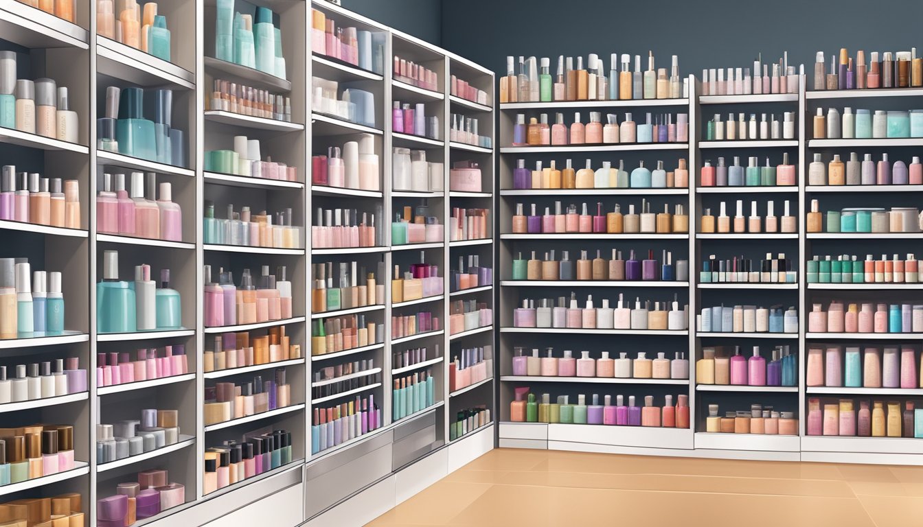 A diverse array of cosmetic products from global brands displayed on accessible shelves