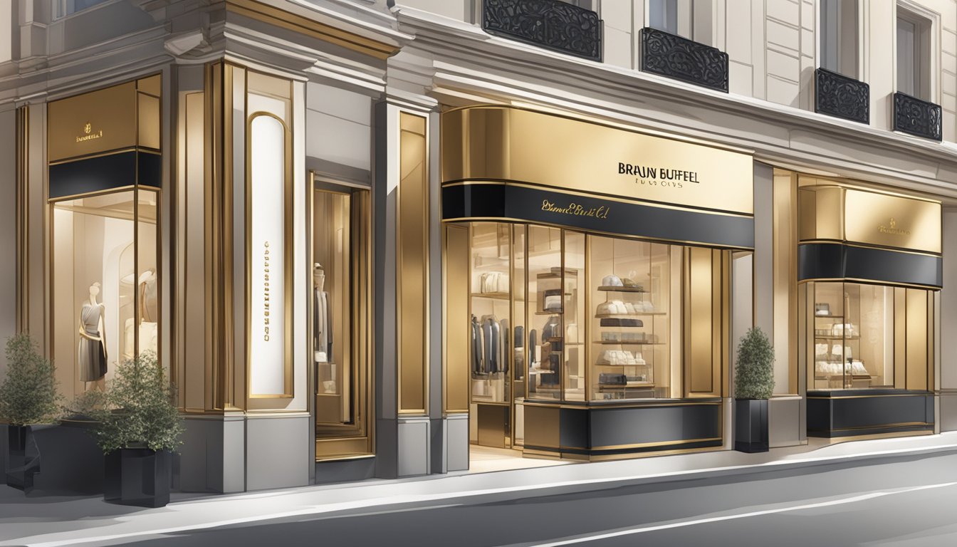 A sleek, elegant storefront with the brand name "Braun Buffel" in gold lettering, surrounded by upscale boutiques