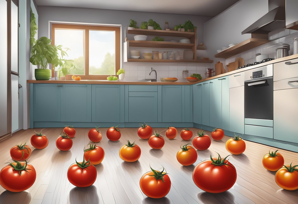 Ripe tomatoes squished underfoot on a kitchen floor