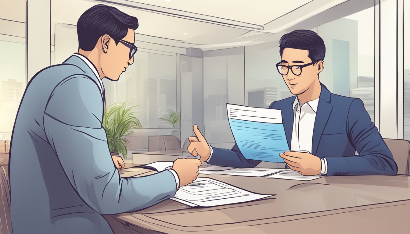 A licensed money lender in Singapore provides financial counseling to a client, explaining the terms and conditions of money lending. The counselor gestures towards a document outlining the loan agreement