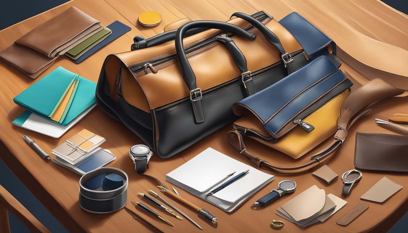 A sleek leather handbag rests on a polished wooden table, surrounded by artisan tools and high-quality leather swatches