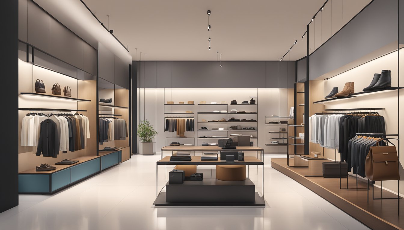A sleek, modern store with minimalist design, showcasing luxury leather goods and innovative technology for an elevated user experience