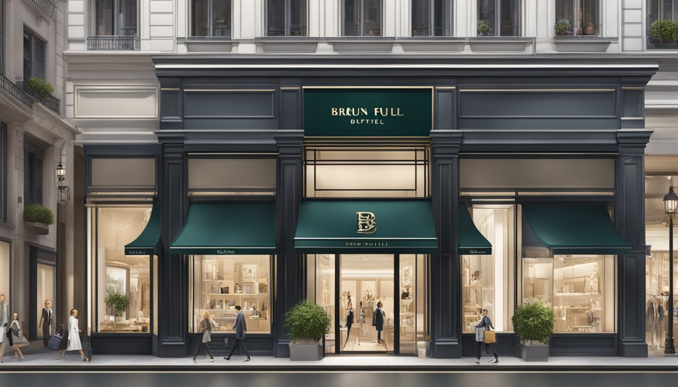 A luxurious storefront with the Braun Buffel logo prominently displayed, surrounded by high-end retail shops in a bustling city center